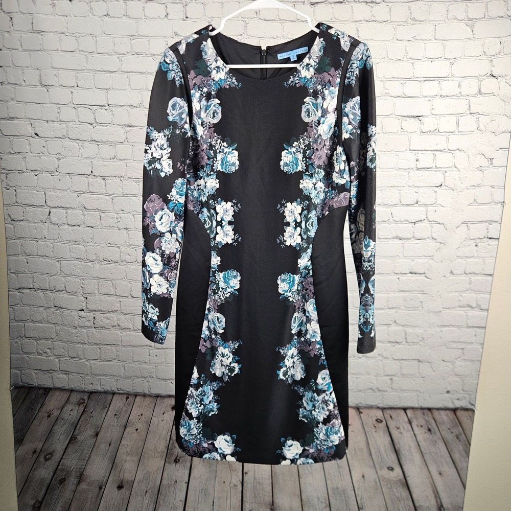 Antonio Melani Floral Print Long Sleeve Sheath Dress Black Blue Size 8